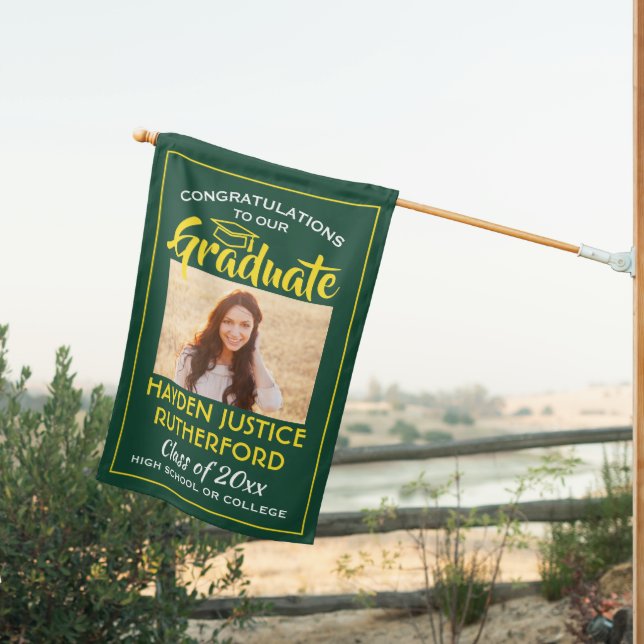 2 Photo Congrats Green Gold Yellow Graduation House Flag (Insitu (Back))