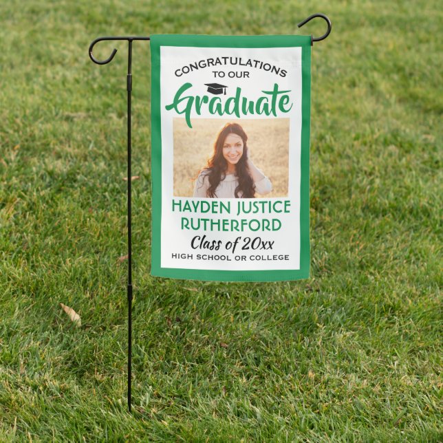 2 Photo Congrats Green White and Black Graduation Garden Flag (In SItu)