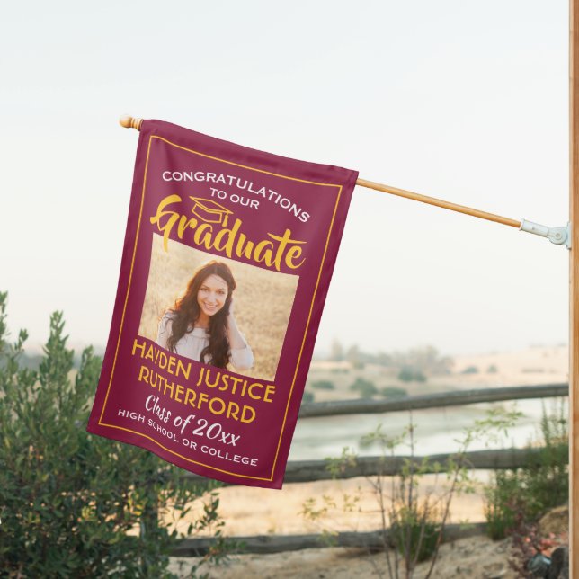 2 Photo Congrats Maroon Red Gold Yellow Graduation House Flag (Insitu (Back))