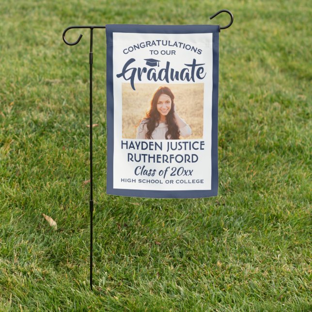 2 Photo Congrats Modern Navy Blue White Graduation Garden Flag (In SItu)
