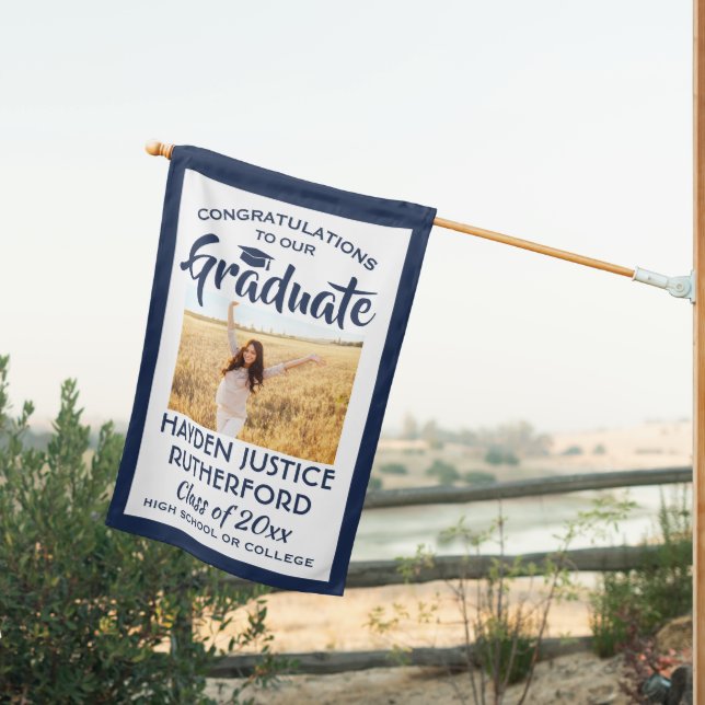 2 Photo Congrats Modern Navy Blue White Graduation House Flag (Insitu (Back))
