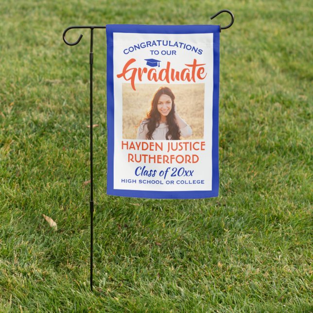 2 Photo Congrats Modern Orange and Blue Graduation Garden Flag (In SItu)