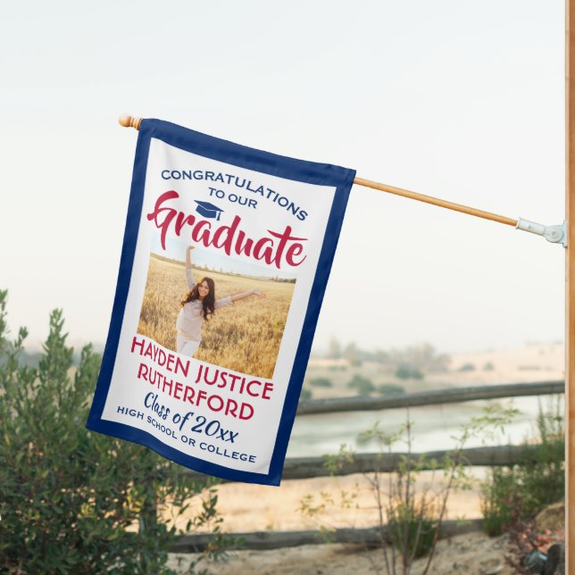 2 Photo Congrats Modern Red White Blue Graduation House Flag (Insitu (Back))