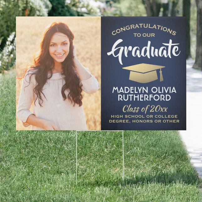 2 Photo Congrats Navy Blue Gold & White Graduation Sign | Zazzle