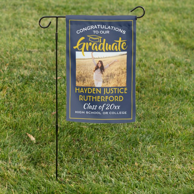 2 Photo Congrats Navy Blue Gold Yellow Graduation Garden Flag (In SItu)