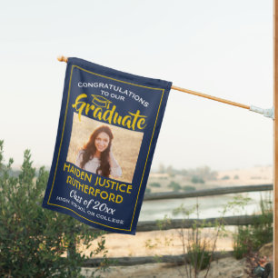 2 Photo Congrats Navy Blue Gold Yellow Graduation House Flag