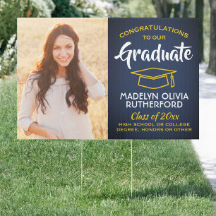 2 Photo Congrats Navy Blue Gold Yellow Graduation Sign
