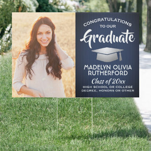 2 Photo Congrats Navy Blue White Silver Graduation Sign