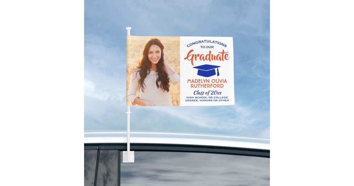 2 Photo Congrats Orange and Blue Graduation Parade Car Flag | Zazzle