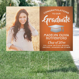 2 Photo Congrats Orange and White Graduation Yard Sign