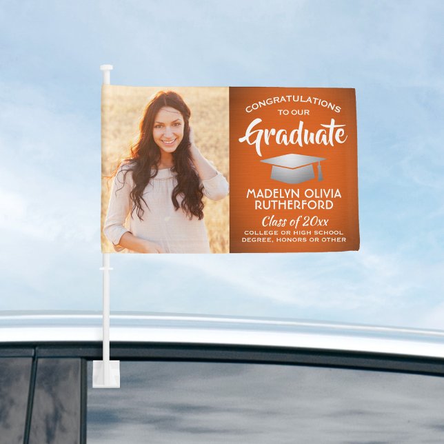 2 Photo Congrats Orange White & Silver Graduation Car Flag (Creator Uploaded)