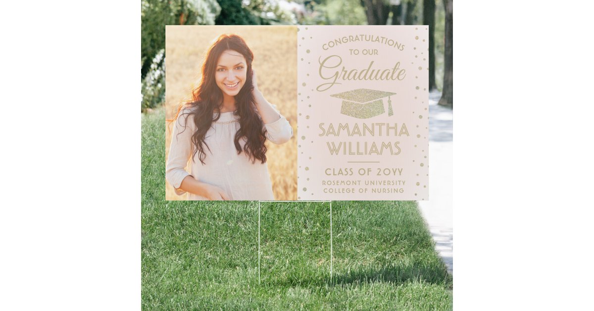 2 Photo Congrats Pink and Gold Glitter Graduation Sign | Zazzle