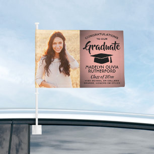 2 Photo Congrats Pink Rose Gold & Black Graduation Car Flag