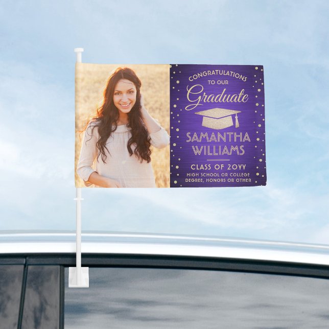 2 Photo Congrats Purple & Gold Glitter Graduation Car Flag (Creator Uploaded)