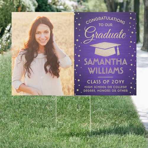 2 Photo Congrats Purple  Gold Glitter Graduation Sign