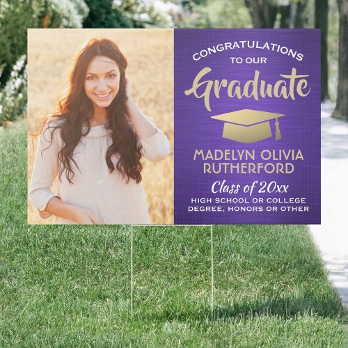 2 Photo Congrats Purple Gold White Graduation Yard Sign