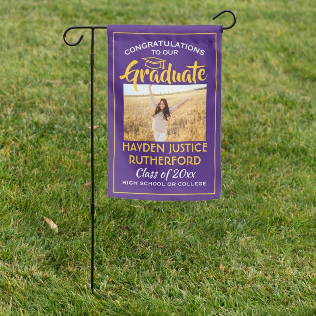 2 Photo Congrats Purple Gold Yellow Graduation Garden Flag (In SItu)