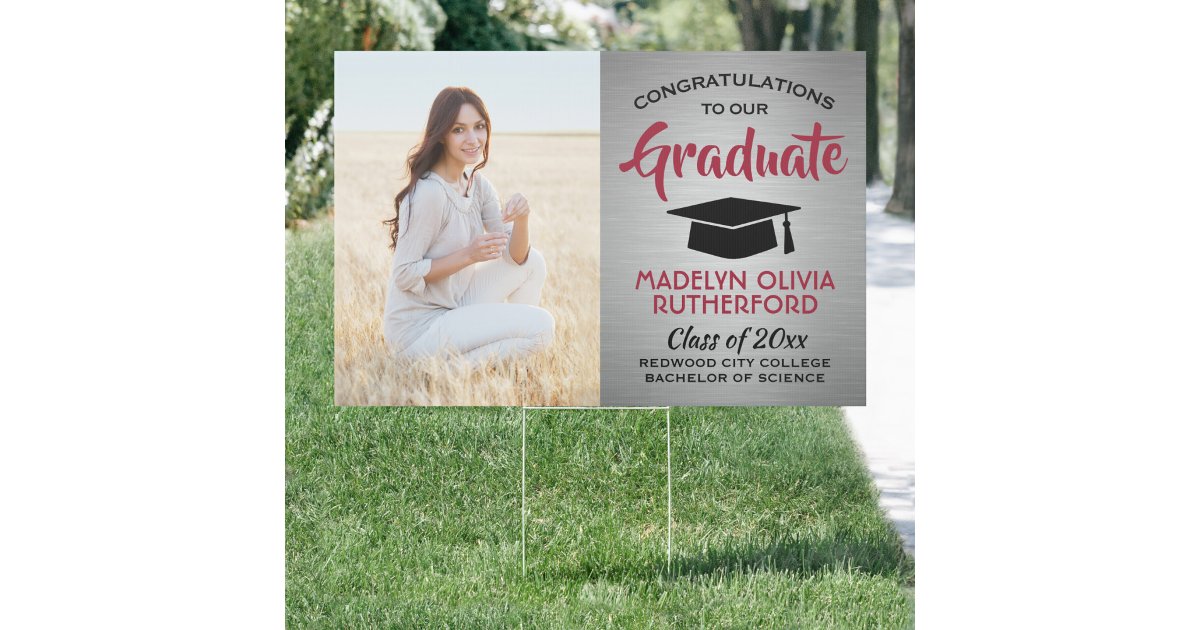2 Photo Congrats Red Gray & Black Graduation Yard Sign | Zazzle