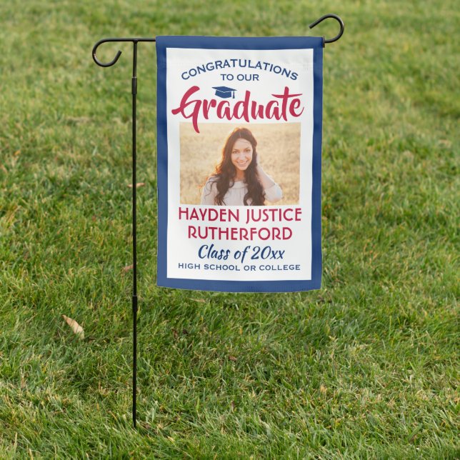 2 Photo Congrats Red White and Blue Graduation Garden Flag (In SItu)