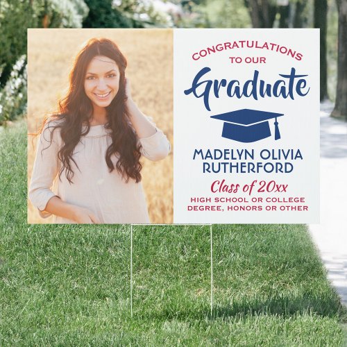 2 Photo Congrats Red White  Blue Graduation Yard Sign