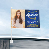 2 Photo Congrats Royal Blue Gold Yellow Graduation Car Flag