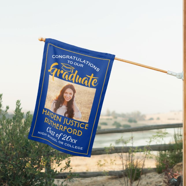 2 Photo Congrats Royal Blue Gold Yellow Graduation House Flag (Insitu (Back))