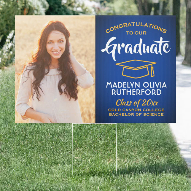 2 Photo Congrats Royal Blue Gold Yellow Graduation Sign | Zazzle