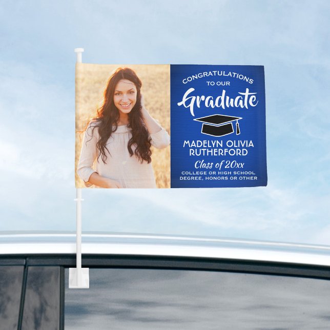 2 Photo Congrats Royal Blue & White Graduation Car Flag (Creator Uploaded)