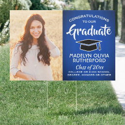 2 Photo Congrats Royal Blue White Graduation Yard Sign