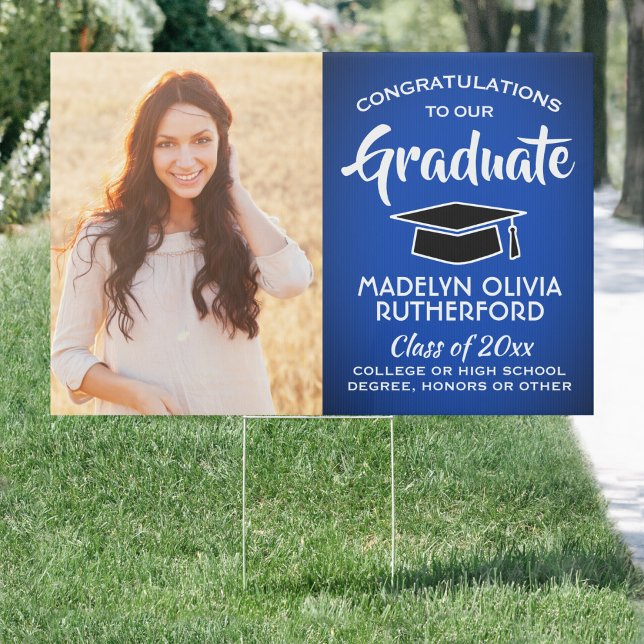 2 Photo Congrats Royal Blue White Graduation Yard Sign (Creator Uploaded)