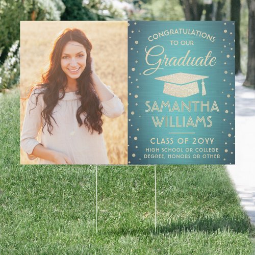 2 Photo Congrats Teal Blue Gold Glitter Graduation Sign