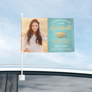 2 Photo Congrats Teal Blue Gold Graduation Parade Car Flag