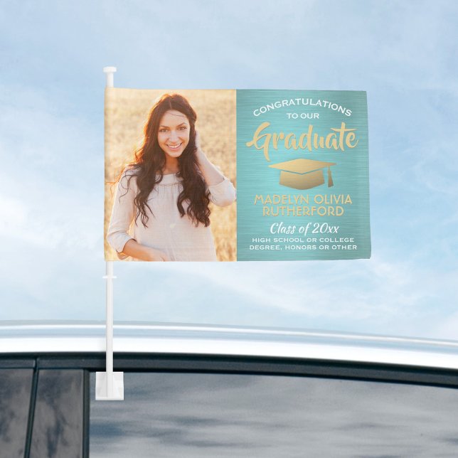 2 Photo Congrats Teal Blue Gold Graduation Parade Car Flag (Creator Uploaded)