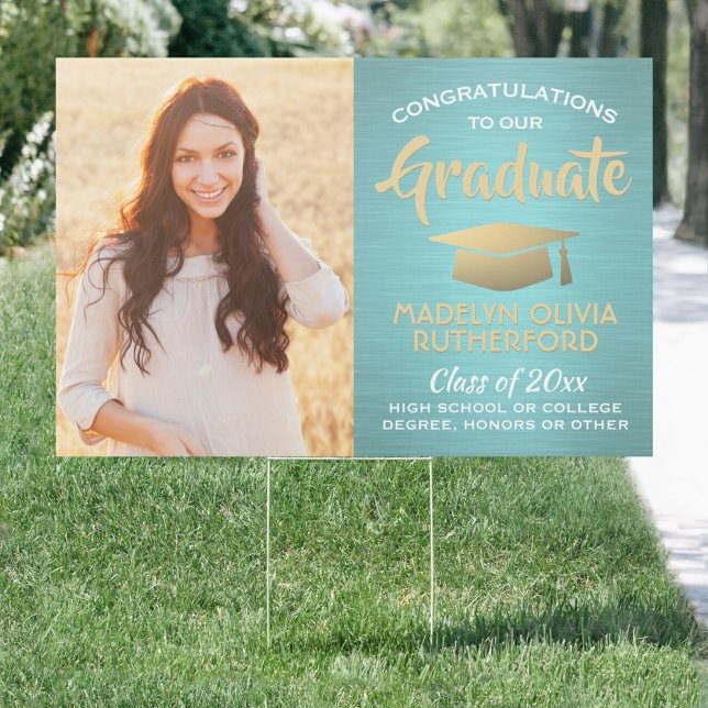 2 Photo Congrats Teal Blue & Gold Graduation Yard Sign (Creator Uploaded)