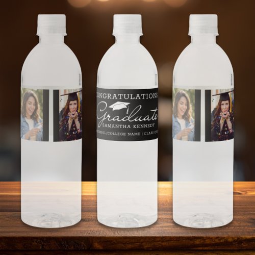 2 Photo Congratulations Graduate Graduation Black Water Bottle Label