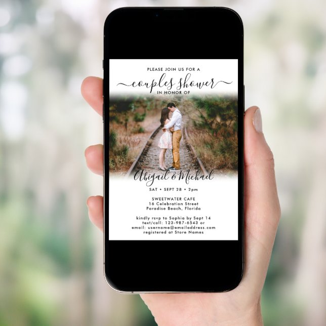 2 Photo Couples Bridal Shower Chic Modern Script Invitation (Front Digital)