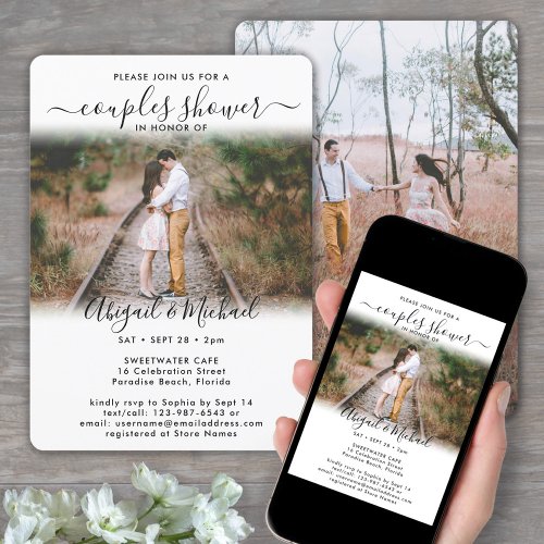 2 Photo Couples Bridal Shower Chic Modern Script Invitation