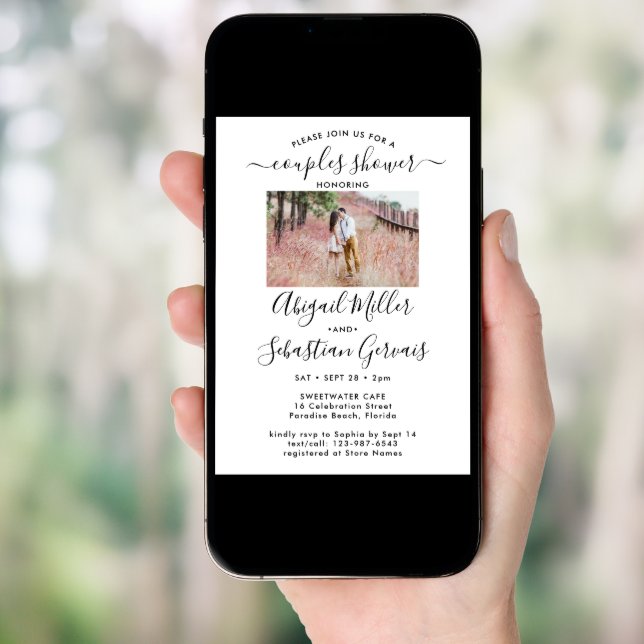 2 Photo Couples Wedding Shower Chic Modern Script Invitation (Front Digital)