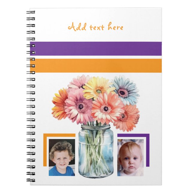 2 photo custom text flowers purple orange notebook (Front)