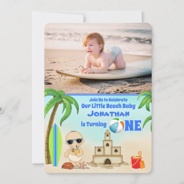 2 Photo Cute Boy Beach Baby Surfboard 1st Birthday Invitation (Front)