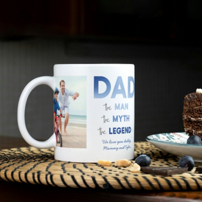 2 Photo DAD The Man Myth Legend Blue Personalized Coffee Mug (Easily personalize this 2 photo Dad mug with your images and message for a gift he'll treasure)