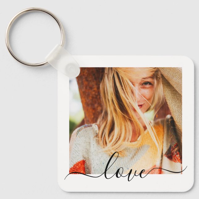 2 Photo Double Sided Template Love Text Metal Keyc Keychain (Front)