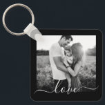 2 Photo Double Sided Template Love Text Metal Keyc Keychain<br><div class="desc">Fully customizable 2 black and white photo template double sided love text metal keychain on black.</div>