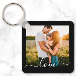 2 Photo Double Sided Template Love Text Metal Keychain<br><div class="desc">Fully customizable 2 photo template double sided love text metal keychain on black.</div>