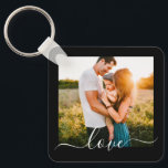 2 Photo Double Sided Template Love Text Metal Keychain<br><div class="desc">Fully customizable 2 photo template double sided love text metal keychain on black.</div>