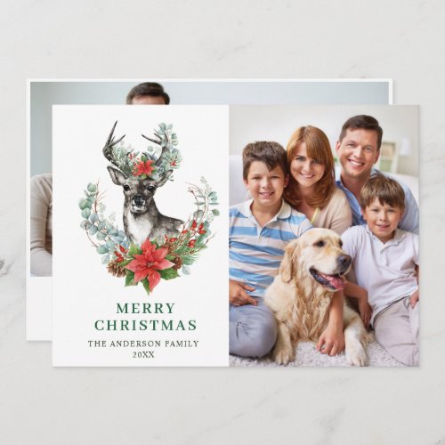 2 PHOTO Elegant Christmas Deer Poinsettia Greeting Holiday Card