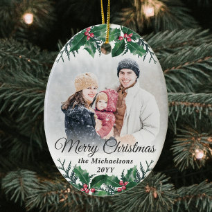 2 Photo Elegant Holly Greenery Merry Christmas Ceramic Ornament