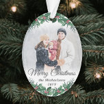 2 Photo Elegant Holly Greenery Merry Christmas Ornament<br><div class="desc">Celebrate the simple joys of the holidays with a custom Merry Christmas two photo acrylic ornament. The pictures and all wording on this template are easy to personalize and can be different or the same on front and back. The script can be changed to First Christmas, Seasons Greetings, a name,...</div>