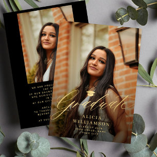 2 photo elegant script gold and black graduation announcement