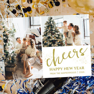 2 Photo Elegant Script Modern Happy New Year Holiday Card